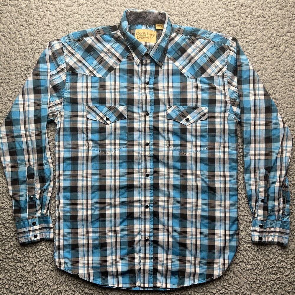 Cowboy Legend Pearl Snap Shirt Mens L Blue Plaid Paisley Flip Cuff Western Rodeo